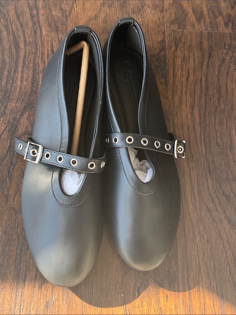 Black Mary Jane Faux Leather Flats with Grommet Strap